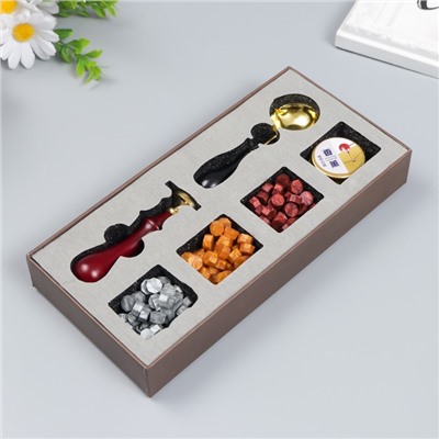 Подарочный набор для сургучной печати «Крупная роза», печать, ручка, ложка, воск: 3 цвета, свеча, 3.5×11×23 см