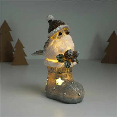 Фигурка светящаяся «Воробышек в колпаке сидит на новогоднем сапоге», серый, 7.6×9.5×15 см