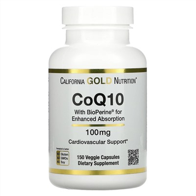 California Gold Nutrition, коэнзим Q10 фармацевтической степени чистоты с экстрактом Bioperine, 100 мг, 150 растительных капсул