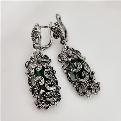 Серьги подвески ювелирная бижутерия, покрытие посеребрение, вставка: фианиты, цвет графит и зеленый, Уценка,  арт.213.741