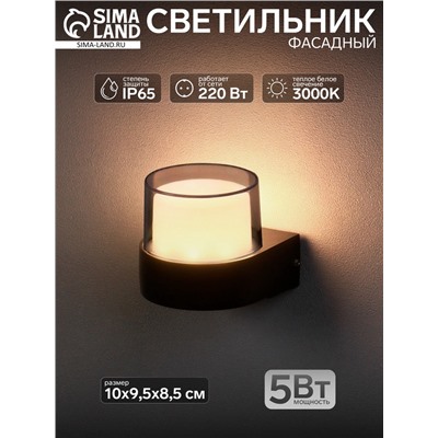 Светильник фасадный «Гранд», 5 Вт, 3000К, IP65, 220 В, металлический корпус, чёрный, свечение тёплое белое