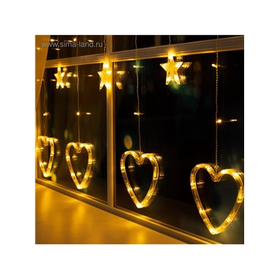 Гирлянда «Бахрома» 2.4×0.9 м с насадками «Сердце», IP20, прозрачная нить, 186 LED, свечение тёплое белое, 8 режимов, 220 В