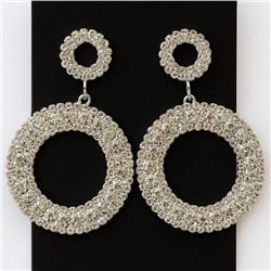 Серьги вечерние длинные кольца круглые со стразами, цвет серебристый, арт. 006.039