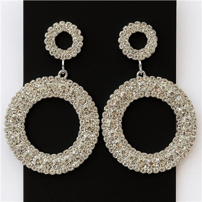 Серьги вечерние длинные кольца круглые со стразами, цвет серебристый, арт. 006.039