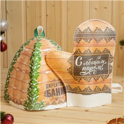 Набор для бани с принтом «Директор бани», 4 предмета: шапка, рукавица, тапочки, коврик, войлок, «Банная забава»