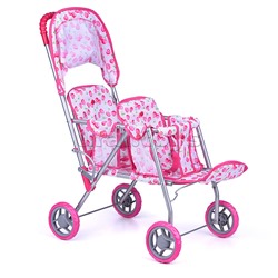 Коляска для кукол (для двойни), металлическая, прогулочная, с тентом, цвет белая с вишенками
