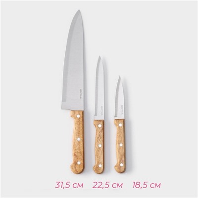 Набор кухонных ножей Доляна Wood, набор 3 шт., лезвие: 8 см, 12 см, 19.5 см, ручка деревянная