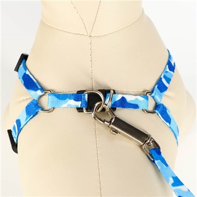 Шлейка с поводком «Камуфляж», ширина 1 см, шлейка 21-35 см, поводок 120 см, капрон, синяя, голубая