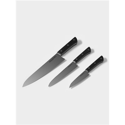 Набор кухонных ножей Magistro Hinshitsu, 3 шт. овощной, универсальный, шеф, нержавеющая сталь, чёрный