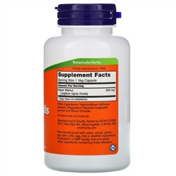 Now Foods, скорлупа черного ореха, 500 мг, 100 вегетарианских капсул