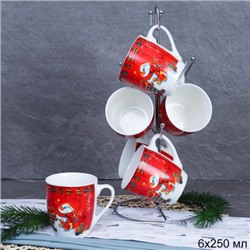 Кружка 6 штук на металлстенде 250 мл Новый год / X614 /кружка новогодняя