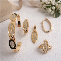 Комплект ювелирной бижутерии коллекция "Дубай": браслет жесткий на руку, серьги, кольцо 18 р и кулон, цвет: золотистый, вставка: цирконы и блестящий глитер, арт.007.353-18