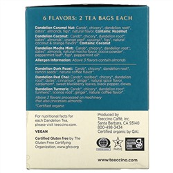 Teeccino, Dandelion Herbal Tea Sampler, 6 Flavors, Caffeine Free, 12 Tea Bags, 2.54 oz (72 g)