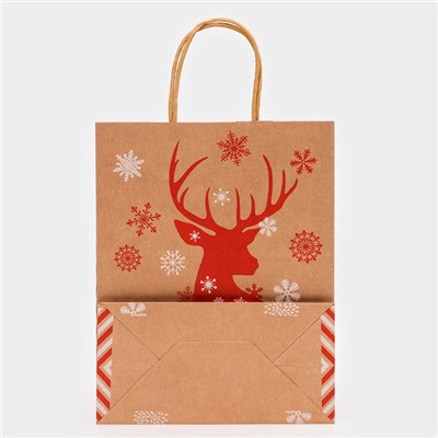 Пакет бумажный подарочный новогодний крафт «Олень», 27×21×11 см