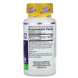 Natrol, Витамин B12, быстрорастворимый, максимальная эффективность, клубника, 5000 мкг, 100 таблеток