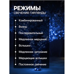 Гирлянда «Клип-лайт» 3 нити по 10 м, IP44, УМС, тёмная нить, 198 LED, свечение синее, 8 режимов, 24 В