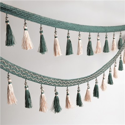 Тесьма с бусинами, 13 см, 5±0.5 м, изумрудная, бежевая