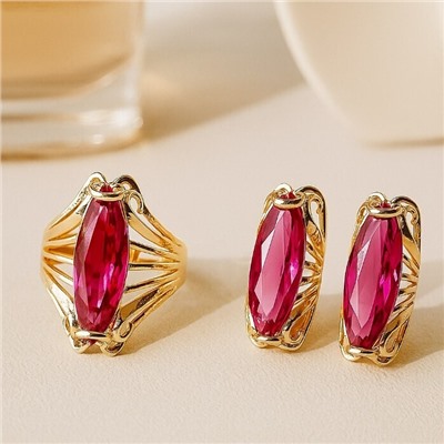 Комплект ювелирной бижутерии коллекция "Дубай" серьги и кольцо 19 р, покрытие позолота, вставка: стекло, цвет: рубиновый, арт.414.233-19