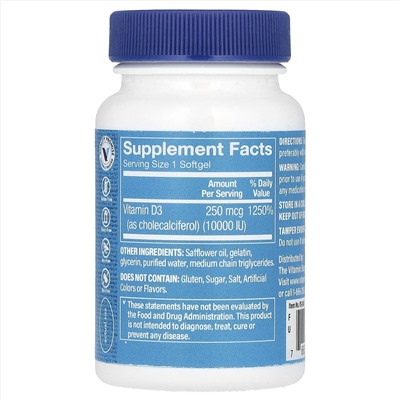 The Vitamin Shoppe, витамин D3, 250 мкг (10 000 МЕ), 100 мягких таблеток