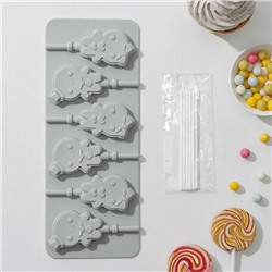 Форма для леденцов Доляна «Девочка, мальчик», силикон, 24×9.5 см, 6 ячеек, с палочками, цвет МИКС