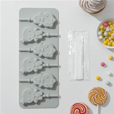 Форма для леденцов Доляна «Девочка, мальчик», силикон, 24×9.5 см, 6 ячеек, с палочками, цвет МИКС