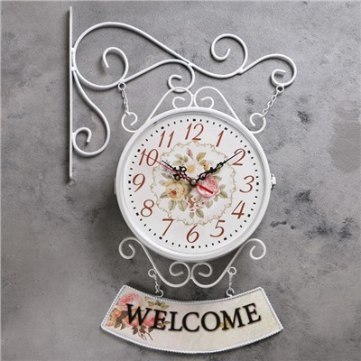 Часы настенные двусторонние, на подвесе "WELCOME", d-23 см, 47 х 31 см, 2хАА, белые