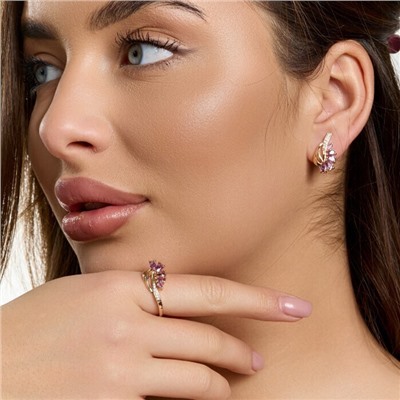 Комплект ювелирной бижутерии коллекция "Дубай" серьги и кольцо 18 р, покрытие позолота, вставка: фианиты и цирконы, цвет: фиолетовый и прозрачный, арт.215.743-18