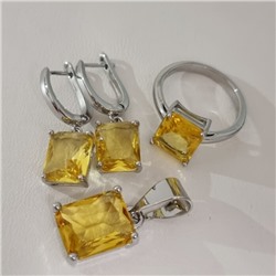 Комплект ювелирной бижутерии коллекция "Дубай" серьги, кулон и кольцо 18 р покрытие посеребрение, вставка: стекло, цвет: желтый, арт.215.593-18