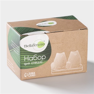 Набор фарфоровый для специй на бамбуковой подставке BellaTenero «Котики», 3 предмета: солонка, перечница, подставка, белый, чёрный