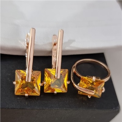 Комплект ювелирной бижутерии коллекция "Дубай" серьги и кольцо 17 р, покрытие позолота, вставка: стекло, цвет: желтый, арт.414.174-17