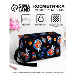 Косметичка на молнии объёмная, с ручкой, маленькая, с принтом «Космические медведи», чёрная