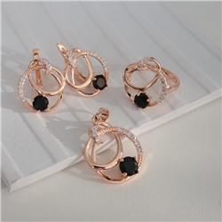 Комплект ювелирная бижутерия коллекция "Дубай" серьги, кулон и кольцо 17 р, покрытие: позолота, вставка: фианиты, цвет: прозрачный и черный, арт.213.792-17