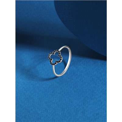 Кольцо из серебра с натуральной чёрной шпинелью родированное - Клевер, четырехлистник 925 пробы к-7351чр416