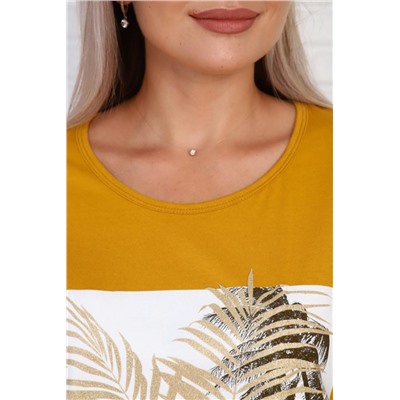 Футболка удлиненная с рисунком листья пальмы, Арт. 786 (Горчичный)