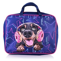 Папка - сумка "Пес в наушниках" А4, боковина - 75 мм. Предназначена для хранения альбомов, рисунков и прочих принадлежностей для школы и творчества. Модель выполнена из  полиэстера. Папка оснащена текстильными ручками, имеется одно основное отделение на м