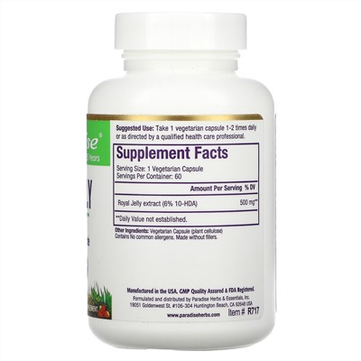 Paradise Herbs, Golden Emperor Royal Jelly, 60 Vegetarian Capsules