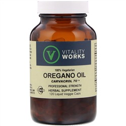 Vitality Works, масло орегано, карвакрол 70, 120 вегетарианских капсул с жидкостью