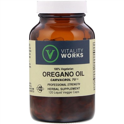 Vitality Works, масло орегано, карвакрол 70, 120 вегетарианских капсул с жидкостью