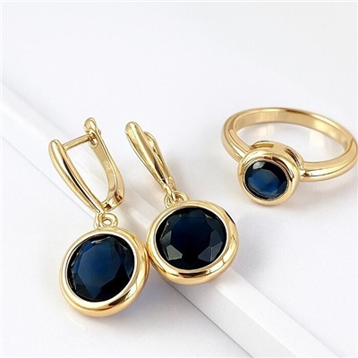 Комплект ювелирной бижутерии коллекция "Дубай" серьги и кольцо 19 р, покрытие позолота, вставка: фианит, цвет: синий, арт.313.336-19