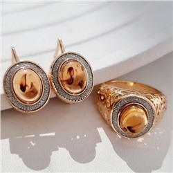 Комплект ювелирная бижутерия с крупным камнем коллекция  "Дубай" серьги и кольцо 19 р, покрытие: позолота, вставка: фианиты, искусственный янтарь, блестящий глиттер, цвет: прозрачный и янтарный, арт.2