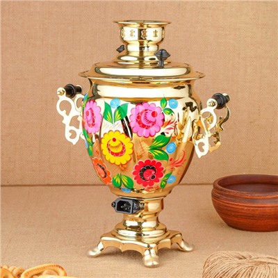 Набор посуды «Цветы на золотом», 3 предмета: самовар 3 л, заварочный чайник 0.7 л, поднос