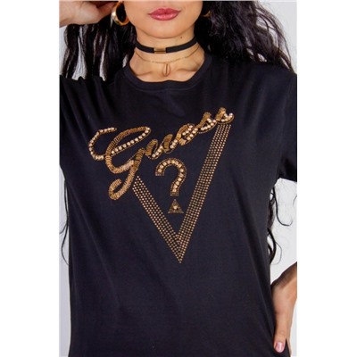 Футболка "Guess" с треугольником стразы, камешки, бусины (Черный)