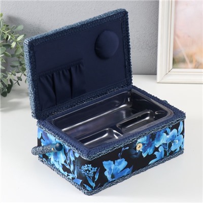 Шкатулка для рукоделия и шитья «Голубые цветы на синем», хранение ниток, иголок, мелочи, 24×16×11 см