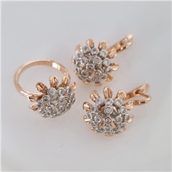 Комплект ювелирной бижутерии коллекция "Дубай" серьги и кольцо, двойное покрытие: позолота и посеребрение, вставка: фианиты, цвет: прозрачный, р-р 20, Уценка, арт.08.1806