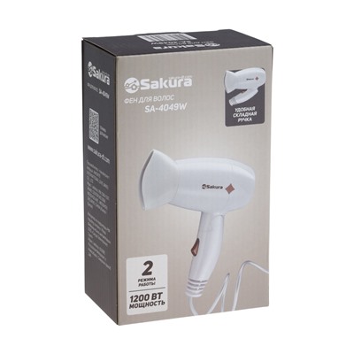 Фен Sakura SA-4049W, 1200 Вт, 2 температурных режима, 2 скорости, белый