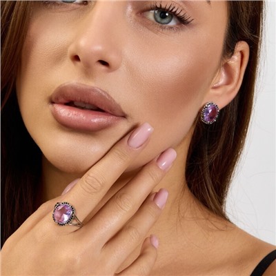 Комплект ювелирной бижутерии коллекция "Дубай" серьги и кольцо 17 р покрытие посеребрение, вставка: стекло и цирконы, цвет: бледно-фиолетовый и черный, арт.215.606-17