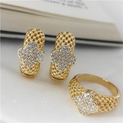 Комплект ювелирной бижутерии коллекция "Дубай" серьги и кольцо 17 р, покрытие позолота, вставка: цирконы, цвет: прозрачный, арт.313.343-17