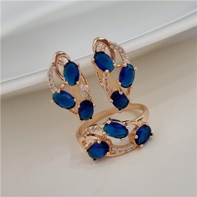 Комплект ювелирной бижутерии коллекция "Дубай" серьги и кольцо 17 р, покрытие позолота, вставка: фианиты, цвет: синий, арт.215.515-17