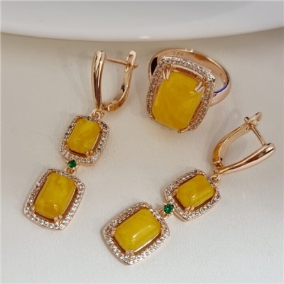 Комплект ювелирной бижутерии коллекция "Дубай" серьги и кольцо 19 р, покрытие позолота, вставка: фианиты и искусственный камень, цвет: желтый и прозрачный, арт.313.161-19