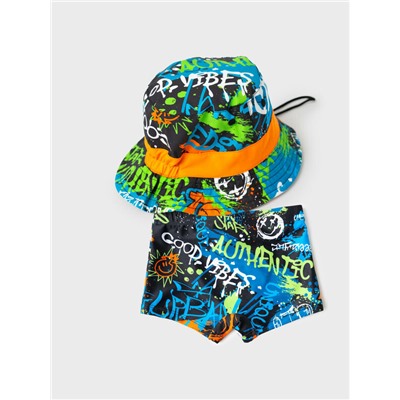Комплект для мальчиков: плавки-шорты трикотажные, панама текстильная